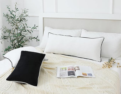 LIGICKY Long Lumbar Pillow Cover 14x36 inch White Velvet Black Rope Edging Throw Pillow Covers Decorative Rectangular Body Pillow Case Accent Textured Cushion Cover for Bed Couch(Cover Only)