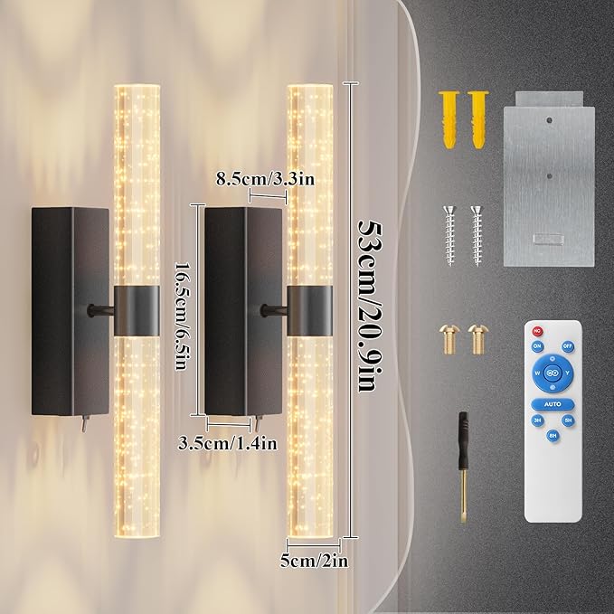 camuucci Battery Operated Black Wall Sconces Set of 2 Rechargeable Battery Powered Wall Light with 18000mAh Indoor Not Hardwired Dimmable Wall Lamp Fixtures for Bedroom Living Room 20.9 Inches