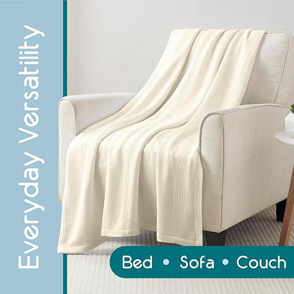 King Size 100% Cotton Blanket | Super Soft Breathable Lightweight Throw Blanket | All-Season Knit Blanket | Versatile Hotel Luxury | Easy Care | Oeko-Tex Certified | Ivory
