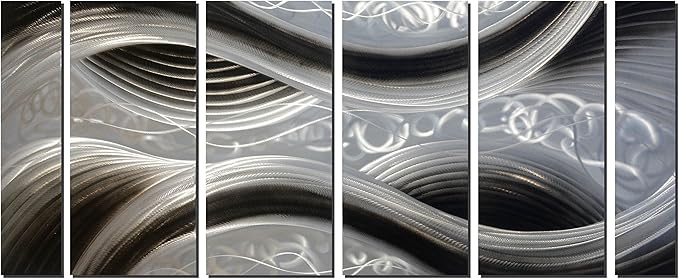 MyArton Handcrafted Abstract Metal Wall Art with Soft Color, Large Scale Decor in Black Line Design, 3D Artwork for Indoor Outdoor Wall Decorations, 6-Panels Metal Art Measure 24"x 65"