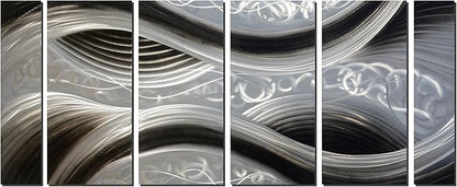 MyArton Handcrafted Abstract Metal Wall Art with Soft Color, Large Scale Decor in Black Line Design, 3D Artwork for Indoor Outdoor Wall Decorations, 6-Panels Metal Art Measure 24"x 65"