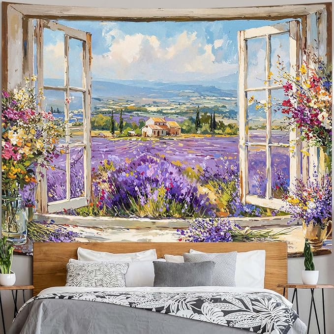 Lifeel Lavender Field Tapestry, Flower Aesthetics Landscape Window Tapestries, Romantic Home Decor for Living Room Bedroom, 44x60 inches