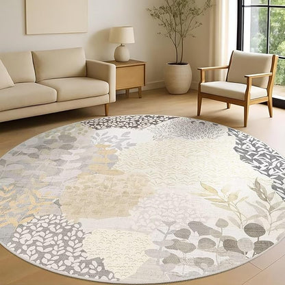 DEXDE Large Round Rug 9ft Washable Circle Area Rugs, Non Slip Low Pile Boho Floral Circular Carpet for Bedroom Bathroom Entryway Kids Room Office Dining Room, Gray