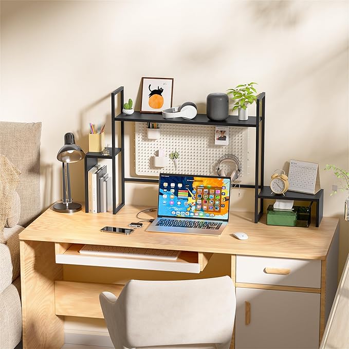 WelFurGeer LED Desk Shelf Organizer with RGB Light Strip, 2-Tier Desktop Shelf for Computer Monitor, Sturdy Metal Frame & Wood Shelves - Desk Hutch Bookshelf for Home Office, Dorm, Gaming (Black)