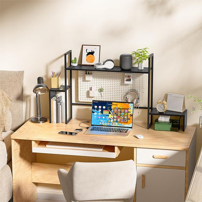 WelFurGeer LED Desk Shelf Organizer with RGB Light Strip, 2-Tier Desktop Shelf for Computer Monitor, Sturdy Metal Frame & Wood Shelves - Desk Hutch Bookshelf for Home Office, Dorm, Gaming (Black)