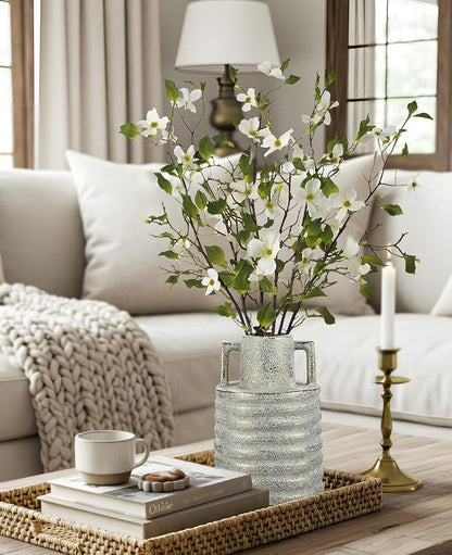 Hollyone Large Vintage Ceramic Vase with 2 Handles, 9.1" Tall Gold-Toned Antique Rustic Decorative Floral Grey Vases for Flowers Home Table Centerpiece Shelf Living Room Entryway Farmhouse Decor
