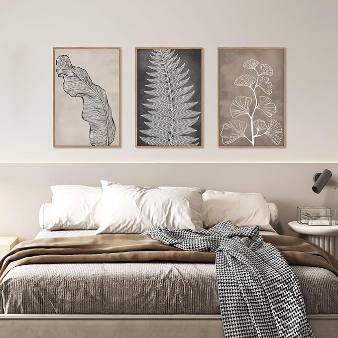 HLNIUC Botanical Neutral Framed Wall Art Set, Abstract Fern Leaf Canvas Wall Decor, Vintage Rustic Plant Wall Painting, Black Beige Nature Art Print for Living Room, Bedroom, Office - 24"x36"x3
