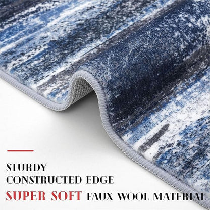 Modern Abstract Hallway Runner Rug, Navy Blue Washable Kitchen Runner Non-Slip Soft 2x8 Runner Rug Thin Print Faux Wool Carpet for Entryway Bedroom Laundry Room Indoor