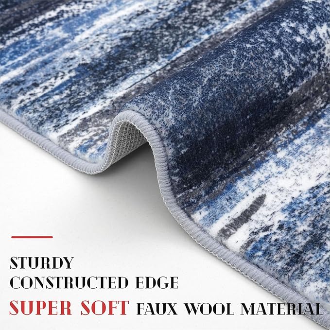 Modern Abstract Runner Rug 2x6, Navy Blue Washable Kitchen Runner Non-Slip Soft Hallway Rug Runner Thin Print Faux Wool Carpet for Entryway Bedroom Laundry Room Indoor Home Decor