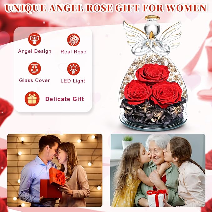 Beferr Valentines Day Rose Gifts for Her Women Mom Gifts for Birthday, Fresh Flowers for Delivery Prime Forever Preserved Rose in Glass Angel Figurine, for Grandma Wife Kids Daughter