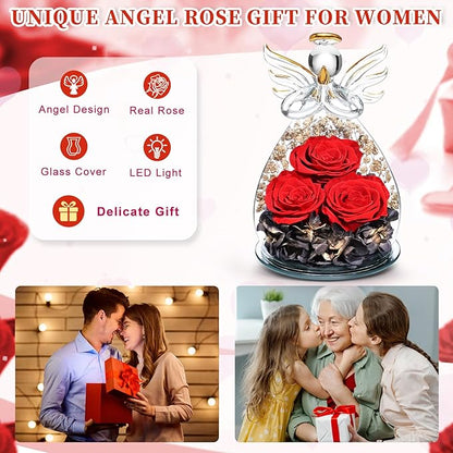 Beferr Valentines Day Rose Gifts for Her Women Mom Gifts for Birthday, Fresh Flowers for Delivery Prime Forever Preserved Rose in Glass Angel Figurine, for Grandma Wife Kids Daughter