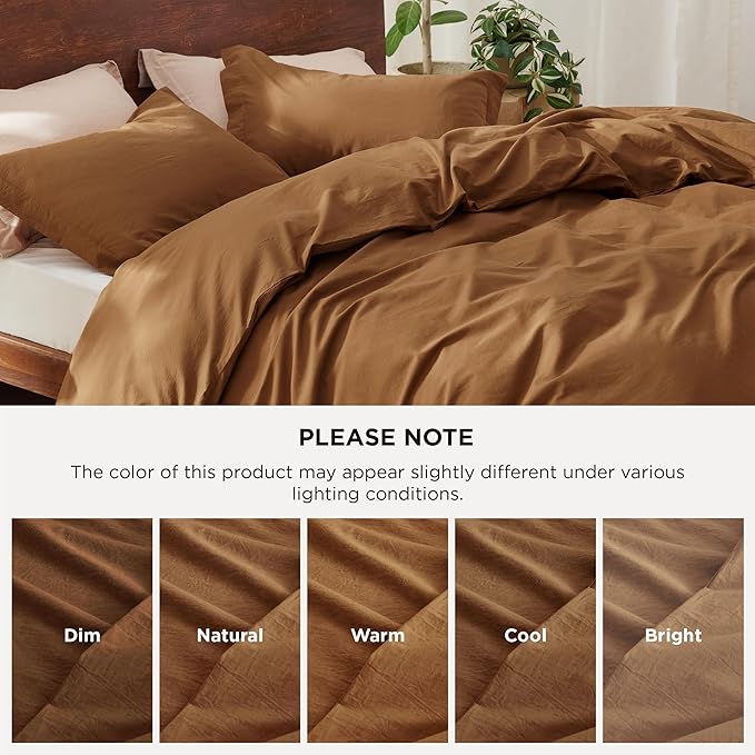 Bedsure 100% Washed Cotton Duvet Cover Queen Size - Hazelnut Brown Minimalist Cotton Duvet Cover Linen Like Breathable - GentleSoft™ Plain Simple Bedding (Hazelnut Brown, Queen, 90"x90")