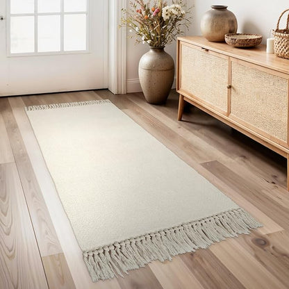 Collive Kitchen Runner Rug 2' x 4.3' ft, Washable Bathroom Rugs Non Slip Hand Woven Reversible Rug for Entryway, Modern Farmhouse Bedroom Carpet for Hallway Front Door Decor, White/Beige