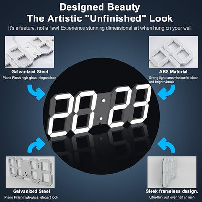 3D Digital Wall Clock 17" with Remote Control,Led Clock Adjustable Brightness Timer 12/24 Hr Time/Date/Temperature for Living Room/Office/Restaurant