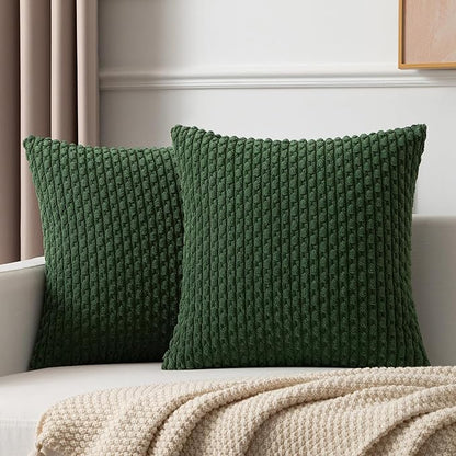 Kevin Textile Christmas Corduroy Decorative Throw Pillow Covers 24x24 Inch Pack of 2 Soft Boho Striped Pillow Covers Modern Farmhouse Home Decor for Spring Sofa Living Room Couch Bed Dark Green