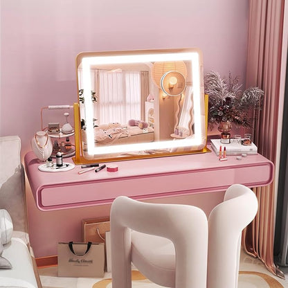 HNV Gold Vanity Makeup Mirror with Lights, 22"x17" Large Lighted Vanity Mirror, Dimmable LED with 3 Color Touch Lighting, Tabletop Mirror for Desk or Bedroom, 360° Rotation