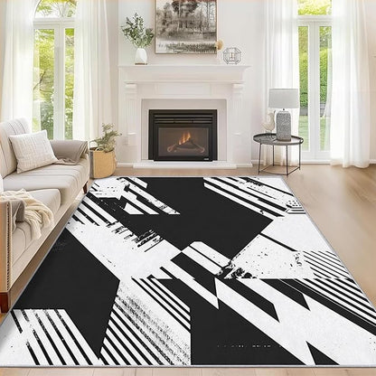 Black and White Rugs for Home Decor, 8x10 ft, Abstract Geometric Area Rugs for Living Room, Soft Non Slip Washable Modern Minimalist Carpet Bedroom Decorations Dt-Ghf-31
