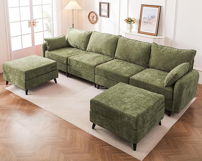 135'' Modular Sectional Sofa with Seats Storage, Oversized U Shaped Couch for Living Room,4-Seater Comfy Cloud Couches with Deep Seat,Movable Ottoman,2 Throw Pillow,Chenille,Green
