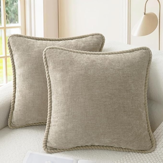 CaliTime Decorative Couch Throw Pillow Covers 20 X 20 Inches Pack of 2 Cozy Chenille Piping Edge Cushion Cases for Sofa Bed Living Room Home Light Taupe