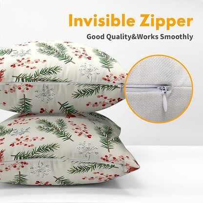 Beige Christmas Pillow Covers 22x22 Set of 2 Green Red Xmas Berries Twigs Rustic Decorative Outdoor Farmhouse Zipper Pillowcases Decorations Winter Holiday Throw Cushion Cover Decor for Couch Sofa Bed