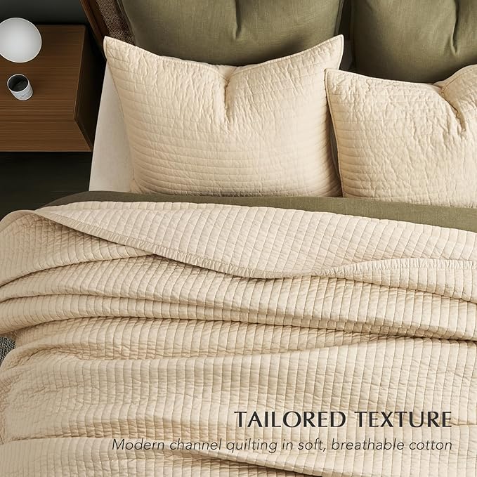 EVERGRACEHOME Cotton Sateen Quilt Set Queen Size, Pre-Washed Cotton Channel Stitch Coverlet Bedspread, 3 Pieces Lightweight Soft Bedding Sets for All Season, with 2 Pillow Shams, Light Sand