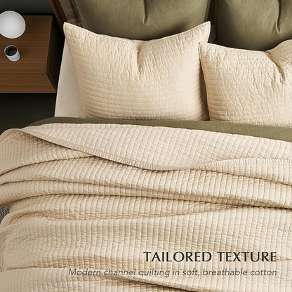 EVERGRACEHOME Cotton Sateen Quilt Set Queen Size, Pre-Washed Cotton Channel Stitch Coverlet Bedspread, 3 Pieces Lightweight Soft Bedding Sets for All Season, with 2 Pillow Shams, Light Sand