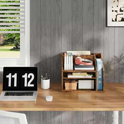 Wooden Desk Organizer with Adjustable Partitions, Multi-Layer Desktop File Holder for Home Office, Paper & Stationery Storage Organizer, Rustic Brown MWJ04FG