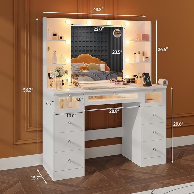 Makeup Vanity Desk with LED Lights and Large 23.5’’ Mirror, 9 Drawers Vanity with Glass Top & 3 Color Hollywood Bulbs, Make Up Vanity with Charging Station & Crystal Knobs for Woman, White