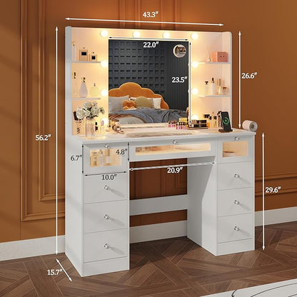 Makeup Vanity Desk with LED Lights and Large 23.5’’ Mirror, 9 Drawers Vanity with Glass Top & 3 Color Hollywood Bulbs, Make Up Vanity with Charging Station & Crystal Knobs for Woman, White
