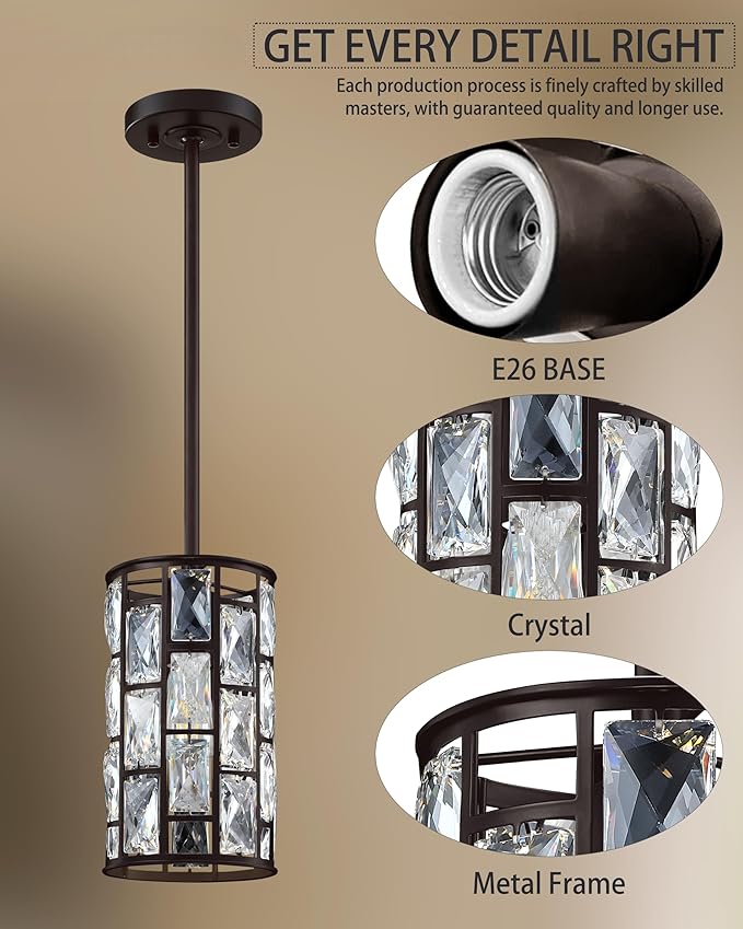 Doraimi Lighting 3 Pack 1 Light Hanging Kitchen Island 5.5" Crystal Modern Pendant Light Fixture,Brushed Nickel Finish with Crystal Shade for Bar,Dining Room,Corridor,Living Room Over Sink