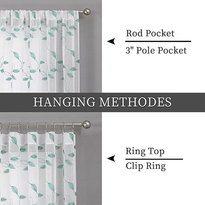 Tollpiz Teal Blue Leaf Sheer Curtain Leaves Embroidered Living Room Curtains Rod Pocket Voile Window Treatment for Bedroom, 54 x 72 inches Long, Set of 2 Panels
