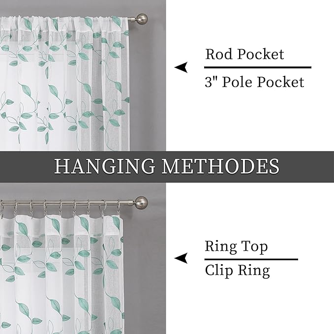 Tollpiz Teal Blue Leaf Sheer Tier Curtains Leaves Embroidered Kitchen Short Curtain Rod Pocket Voile Bathroom Curtains for Cafe, 30 x 24 inches Long, Set of 2 Panels