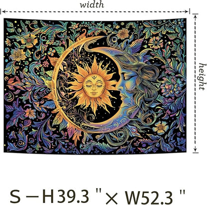 Sun and Moon Tapestry Psychedelic Mystic Floral Tapestry Hippie Boho Flower Plants Wall Tapestries Vintage Aesthetic Tapestries Wall Hanging for Bedroom