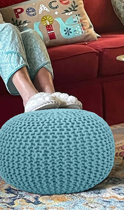 COTTON CRAFT Round Pouf - Hand Knitted Cotton Braid Cord Cable Dori Ottoman - Foot Stool - Floor Pouf Footrest Accent Seat Furniture Bean Bag - Living Room Kids Nursery Dorm Décor - 20x14 - Light Blue