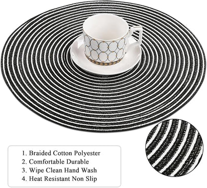 SHACOS 15 inch Round Braided Placemats Set of 6 Non Slip Washable Fabric Kitchen Table Place Mats Heat Resistant Table Mats for Home Wedding Party, Black White
