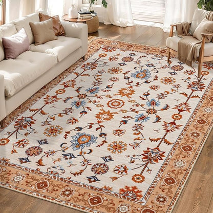 Tangsoo Floral Area Rug 5x7 Machine Washable Orange Rug Non-Slip Vintage Distressed Boho Print, Soft Low Pile Carpet for Living Room, Bedroom, Dining Room, Pet & Child Friendly (Orange Home Decor)