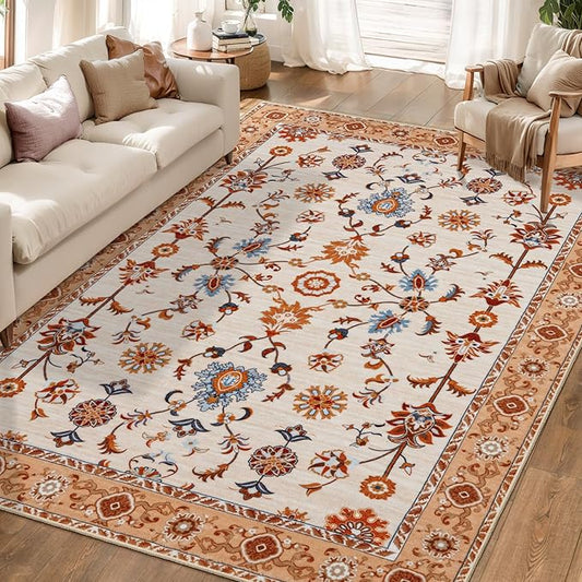 Tangsoo Floral Area Rug 5x7 Machine Washable Orange Rug Non-Slip Vintage Distressed Boho Print, Soft Low Pile Carpet for Living Room, Bedroom, Dining Room, Pet & Child Friendly (Orange Home Decor)