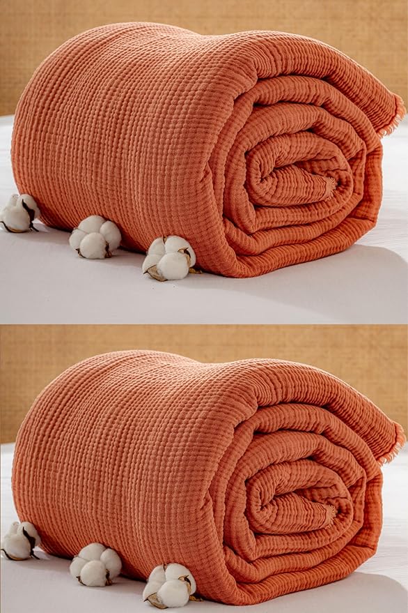 Muslin Blanket - Pure 100% Turkish Cotton Airy Soft Light Versatile Gauze Throw Blanket for Bed, Couch, Sofa (Brick, Twin XL Size (71" x 95" inch))