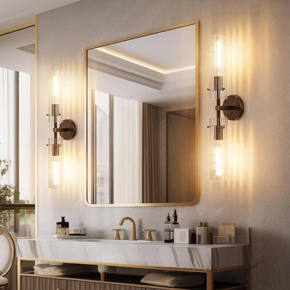 Brass Bronze 2-Light Knurled Wall Sconce, Dual-Head Vanity Lamp with Vertical Striped Glass Tube, Bathroom Wall Sconces, Wall Lights for Living Room Bedroom Hallway Kitchen Bathroom Mirror