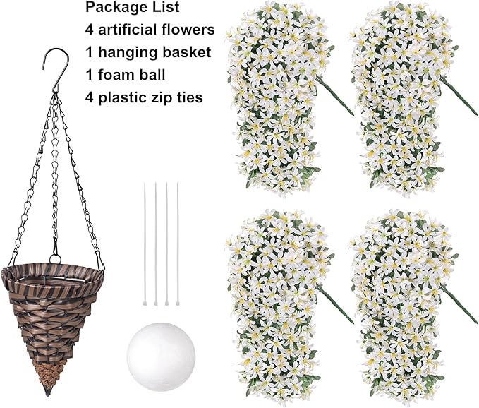 Artificial Flowers Plants for Outdoor with Basket, 4PCS Silk Hanging Faux Flowers Long Trailing Vines for Outside Home Porch Patio Decoration, White