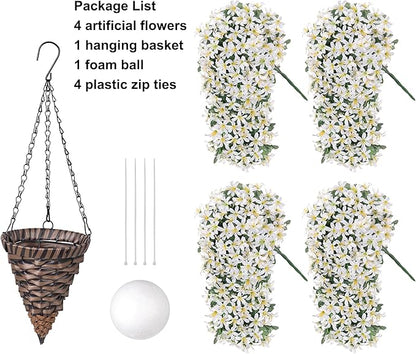 Artificial Flowers Plants for Outdoor with Basket, 4PCS Silk Hanging Faux Flowers Long Trailing Vines for Outside Home Porch Patio Decoration, White