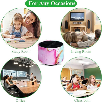 Round Leather Art Supply Organizer,Remote Control Holder,360-degree Rotating Pen Organizer with 4 Compartments(1-Red Green Splash Ink)