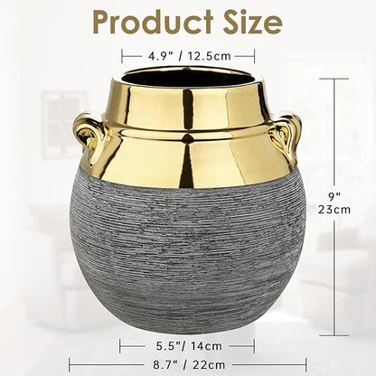 Rustic Ceramic Vase with Gold Rim and Ears – 9" Decorative Flower Vases for Living Room, Dining Table Centerpiece & Shelf Décor – Modern Farmhouse, Boho & Contemporary Home Accents
