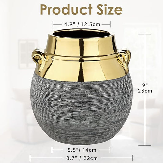 Rustic Ceramic Vase with Gold Rim and Ears – 9" Decorative Flower Vases for Living Room, Dining Table Centerpiece & Shelf Décor – Modern Farmhouse, Boho & Contemporary Home Accents