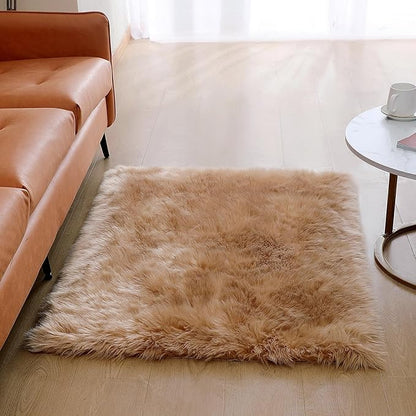 Faux Fur Rug Sheepskin Shag Fluffy Fuzzy Beige 3x4 ft Rugs for Bedroom Bedside Bed Floor Living Room Plush Rectangle High-Density Cushion Carpet Super Sofa Cover