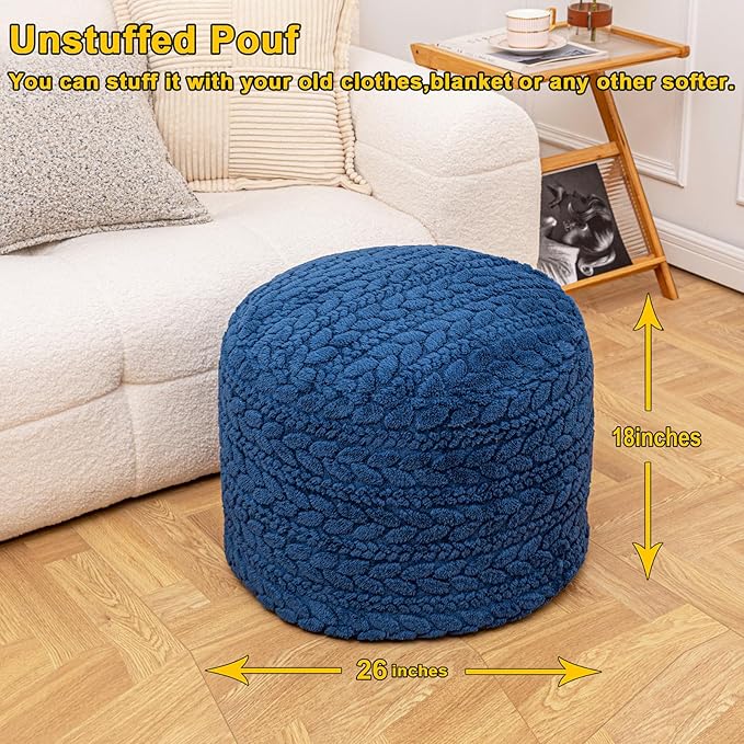 Unstuffed Ottoman Pouf Cover – Round Faux Fur Footstool Plush Floor Pouf (No Filler Included) Perfect for Living Room, Bedroom, or Office Lounge (Navy Blue, 26x26x18 in)