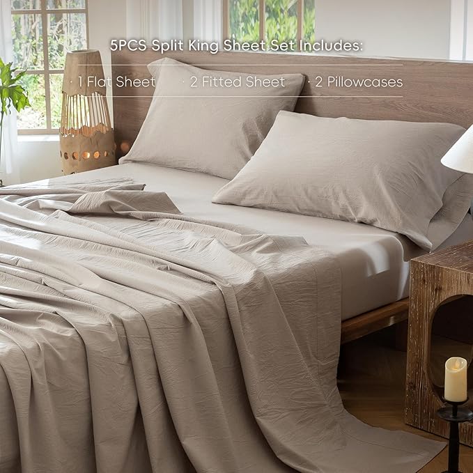 MooMee Bedding Sheet Set 100% Washed Cotton Linen Like Textured Breathable Durable Soft Comfy (Heathered Cream Grey, Split King)