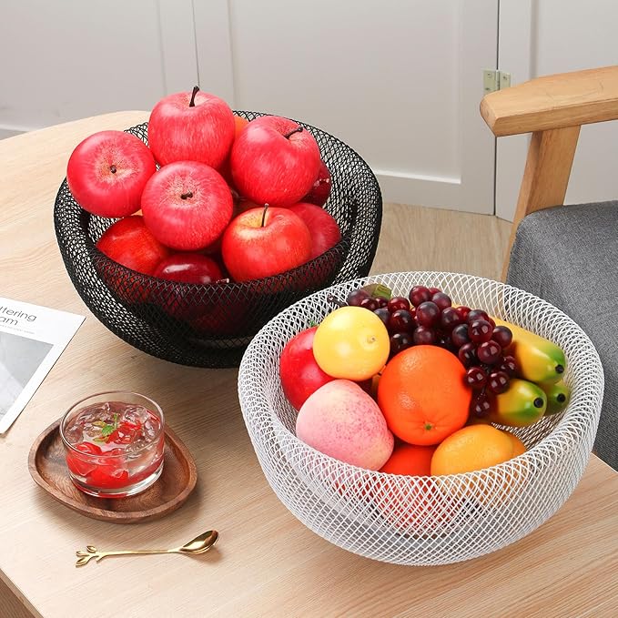 IBWell Metal Wire Woven Fruit Storage Bowl Basket for Kitchen, Large Black Mesh Fruit Stand, for Apple, Pineapple, Banana, Orange, Lemon, Pear, Strawberry, Watermelon (White, Normal & Large)