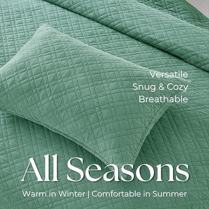 Cali King Quilt Set with Shams Lightweight Quilted Bedspread Coverlet Thin Comforter Bed Cover Vintage Washed Quilted Blanket for All Season, Brushed Microfiber Diamond Stitching, Green, 111"x92"