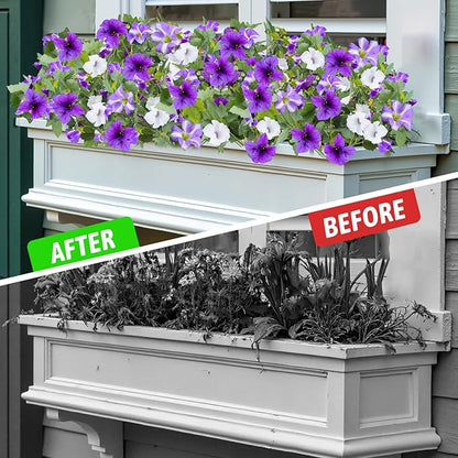 Artificial Fake Flowers for Outdoor Plants Decoration,2 Pcs Faux Petunias Flowers Plants UV Resistant Silk for Porch Yard Garden Home Indoor Decor(Purple White)